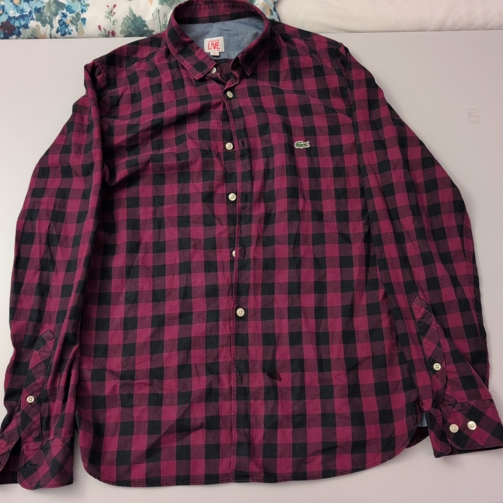Lacoste Men's Red and Black Plaid Shirt